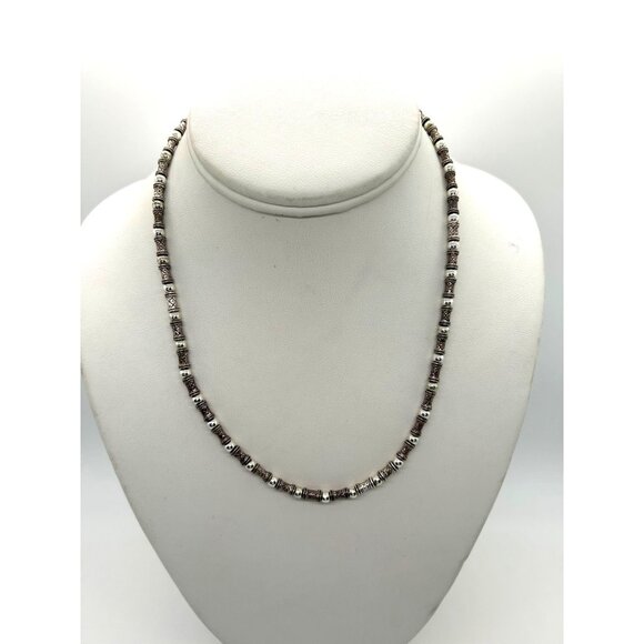Napier Jewelry - Vintage Napier Silver-Tone Beaded Necklace Textured Cylindrical Metal Beads 18"